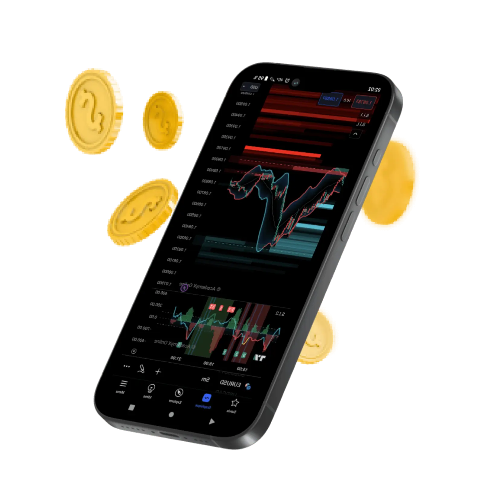 Un téléphone portable affichant des graphiques de trading financiers, entouré de pièces dorées flottantes.