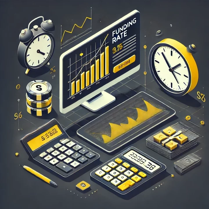 Illustration isométrique du Funding Rate et outils de trading crypto