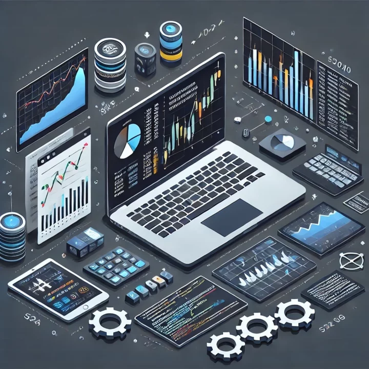 Illustration isométrique du trading moderne avec des indicateurs techniques et des algorithmes, montrant un ordinateur portable et des graphiques, optimisée pour la formation en trading et le trading algorithmique.