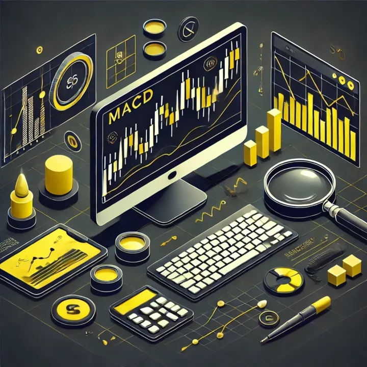 Illustration isométrique minimaliste en noir et jaune représentant une analyse MACD sur un écran d'ordinateur, avec des outils de trading et des graphiques, symbolisant la stratégie et les indicateurs techniques pour une formation de trading.