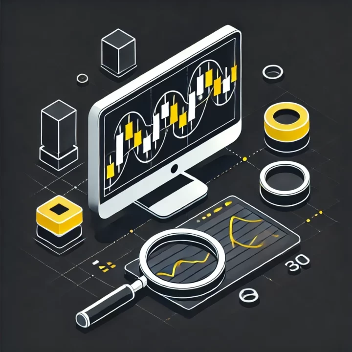 Illustration isométrique minimaliste d'un graphique de trading avec les bandes de Bollinger sur fond gris foncé, symbolisant l'analyse technique et les stratégies de trading.