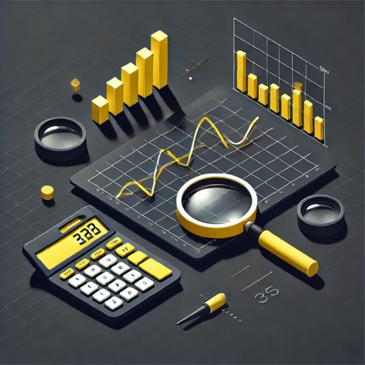 Illustration isométrique minimaliste en noir et jaune représentant une courbe de moyenne mobile sur un graphique de trading avec une loupe, un calculateur et des éléments de trading, sur un fond gris foncé.