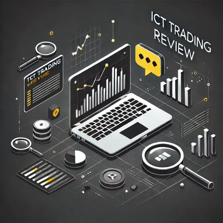 Illustration isométrique minimaliste pour un avis sur ICT Trading, avec ordinateur portable, bulle de dialogue et graphiques financiers en noir et jaune sur fond gris foncé.