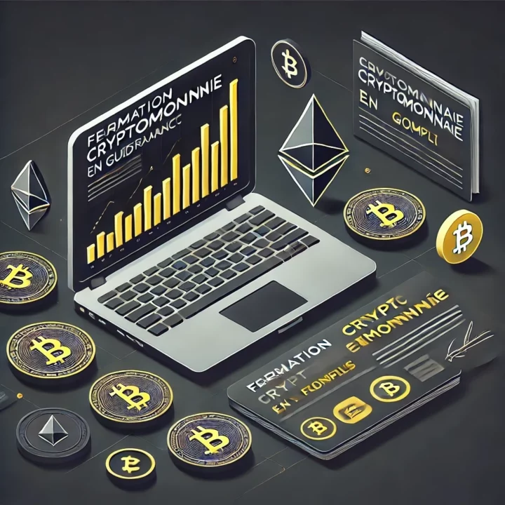 Illustration isométrique minimaliste en noir et jaune montrant un ordinateur portable avec un graphique de trading de cryptomonnaies à l'écran, des icônes flottantes de Bitcoin et Ethereum, et un livre intitulé 'Guide'. Conception professionnelle sur fond gris foncé.