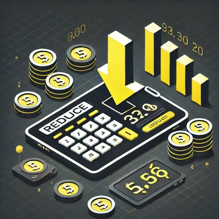 Illustration isométrique minimaliste montrant un calculateur de frais de trading, des pièces empilées et une flèche descendante sur fond gris foncé, symbolisant la réduction des coûts dans le trading.