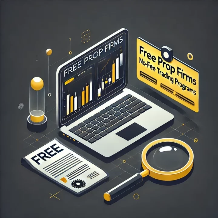 Image isométrique minimaliste en noir et jaune avec un fond gris foncé, illustrant un ordinateur portable affichant un tableau de bord de trading, un document marqué 'FREE' et une loupe. Le visuel symbolise l'accès gratuit aux programmes de trading prop firm.