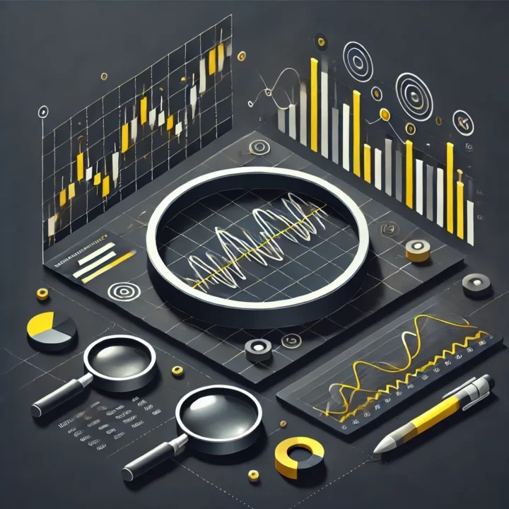 Illustration isométrique minimaliste sur fond gris foncé représentant l'indicateur stochastique en trading. La composition inclut des éléments graphiques et des symboles d'analyse technique, illustrant le thème de la stratégie de trading et de l'algorithmie.