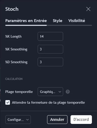 Paramètres de l'indicateur stochastique avec longueur %K à 14, lissage %K à 3 et lissage %D à 3.