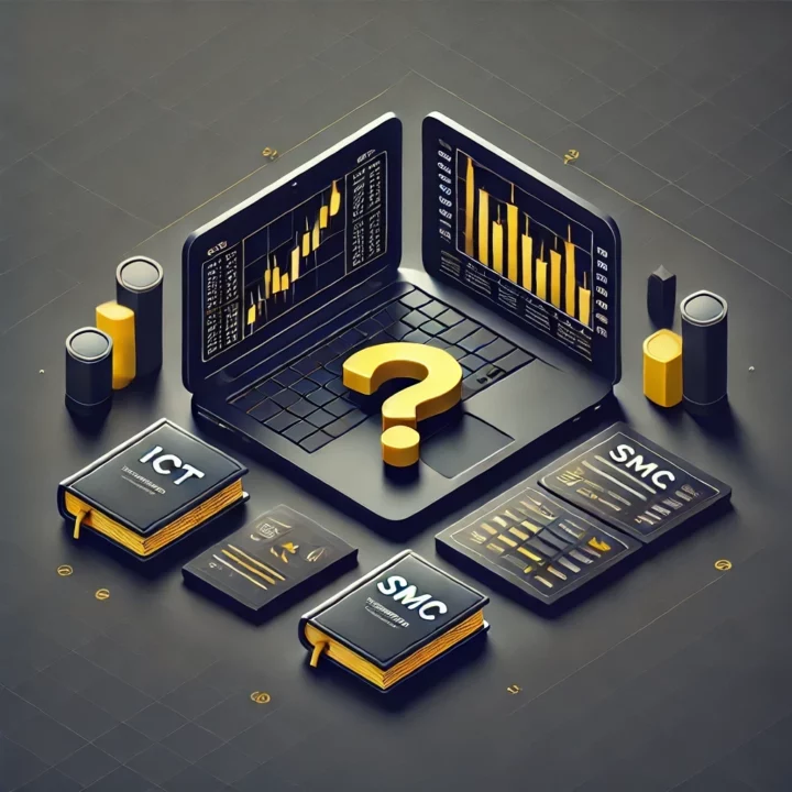 Une illustration isométrique et minimaliste en noir et jaune, montrant un laptop avec des graphiques de trading contrastés, deux livres intitulés "ICT" et "SMC", et un point d'interrogation central symbolisant un choix entre stratégies de trading.