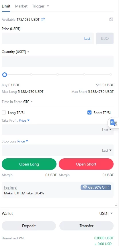 "Interface de trading avec options d'ordres limit et market montrant les paramètres TP/SL et taille de position maximale"