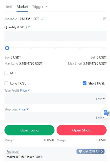 Interface complète d'ordres de trading avec wallet et PNL en USDT pour ordres limit et market