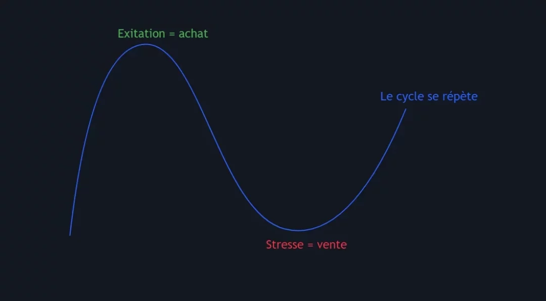 Cycle du FOMO en trading illustrant les phases d'exitation d'achat et de stress de vente sur les marchés financiers