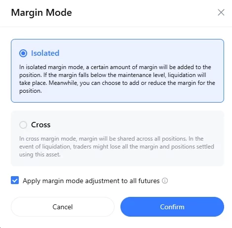 Interface de sélection du mode margin trading - Options Isolated vs Cross margin avec explications détaillées