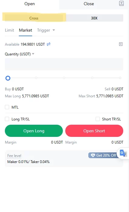 Interface de trading en mode Cross margin avec paramètres de trading et effet de levier 30X