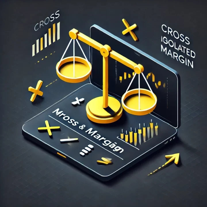 Illustration isométrique minimaliste représentant un équilibre entre le Cross Margin et l'Isolated Margin, avec des éléments de graphique de trading et des symboles sur un fond gris foncé.