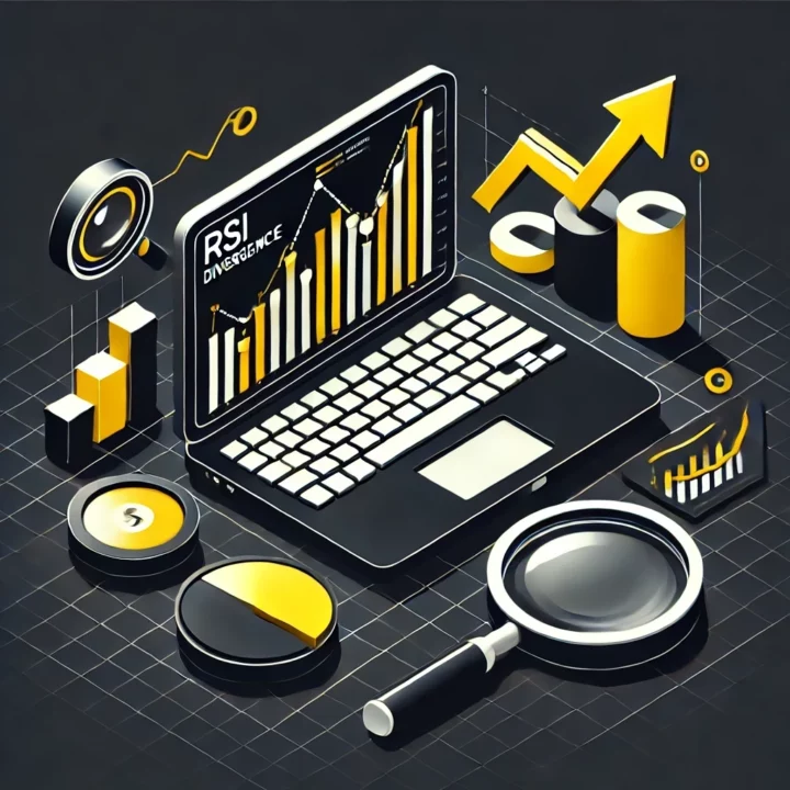 Image isométrique minimaliste en noir et jaune représentant un thème de trading autour des divergences RSI. L'image montre un ordinateur avec des graphiques RSI, une loupe et des symboles de croissance.