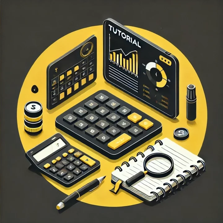 Image isométrique minimaliste en noir et jaune représentant un tutoriel sur l'utilisation du calculateur et du journal de trading d'AcademyX Online. On y voit un écran avec une interface de calcul, un carnet ouvert avec une loupe et une calculatrice.