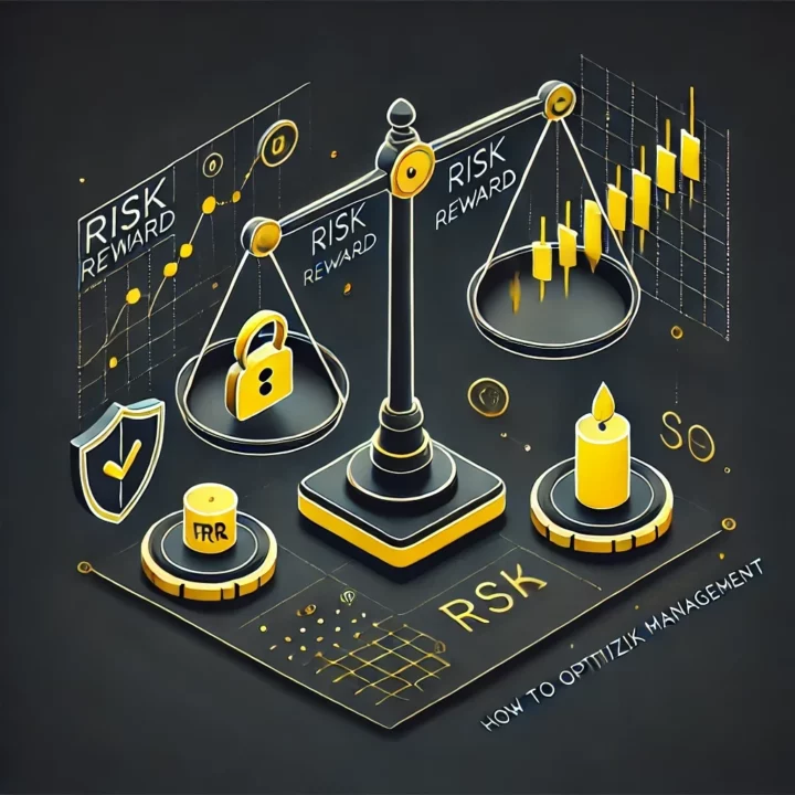 Une illustration isométrique minimaliste représentant le concept de Risk Reward (RR) en trading, avec une balance pesant le risque et la récompense, un graphique en chandeliers et un bouclier symbolisant la gestion des risques. L'image utilise une palette de couleurs noire et jaune pour un rendu moderne et épuré.