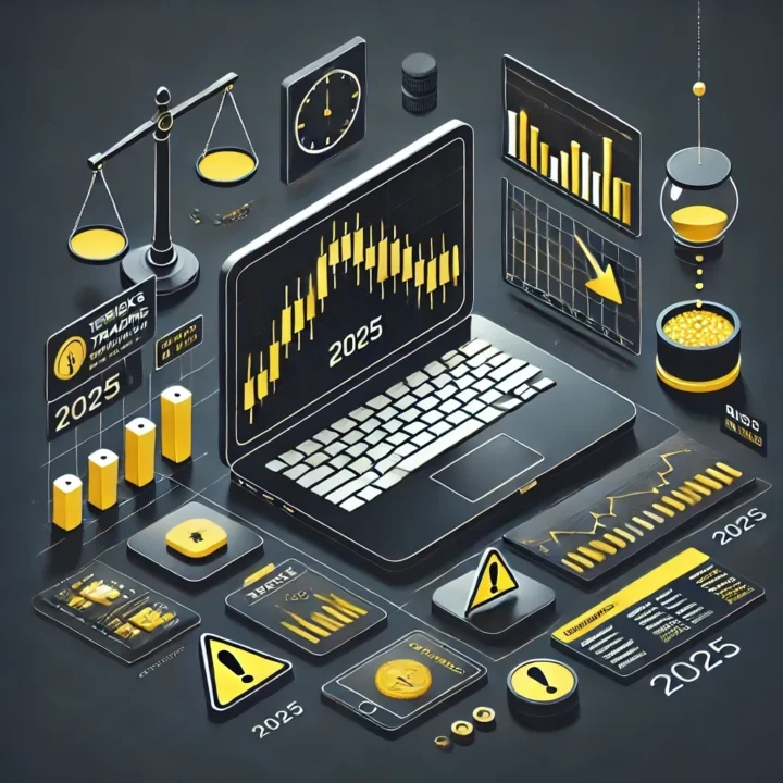 Une illustration isométrique minimaliste en noir et jaune représentant les risques du trading en Prop Firm en 2025. L'image montre un ordinateur portable avec un graphique en baisse, une balance symbolisant le risque et la récompense, ainsi que des panneaux d’avertissement.