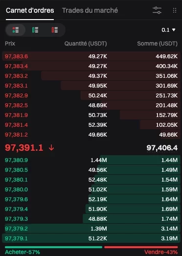 carnet_ordre 2 Capture d'écran d'un carnet d'ordres de trading affichant les prix, quantités et sommes totales en USDT pour des ordres de vente et d'achat de Bitcoin