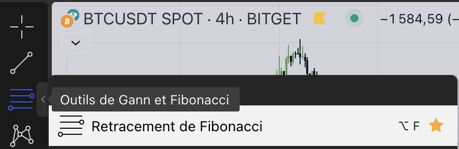 tradingwiew_retracement_fibonacci 2 Capture d'écran de l'interface utilisateur TradingView montrant le menu de sélection pour les outils de Gann et Fibonacci, spécifiquement le retracement de Fibonacci
