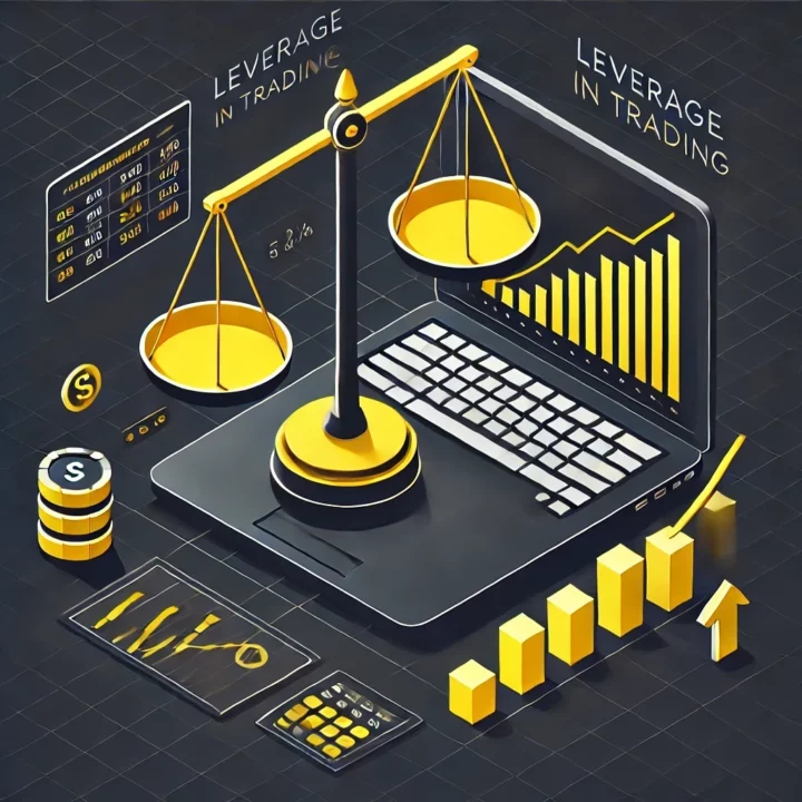 Illustration isométrique minimaliste représentant l'effet de levier en trading avec une balance symbolisant le risque et la récompense, un écran d’ordinateur affichant un graphique financier et des indicateurs de croissance.