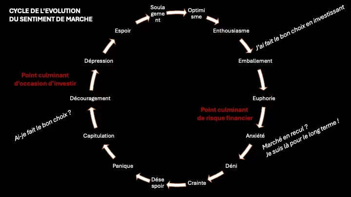 cycle_sentiment_de_marche Diagramme circulaire illustrant le cycle de l'évolution du sentiment de marché, passant par des phases émotionnelles telles que l'euphorie, l'anxiété, la panique, le désespoir, l'espoir, jusqu'à l'enthousiasme et à nouveau l'euphorie. Les points culminants d'investissement et de risque sont indiqués.