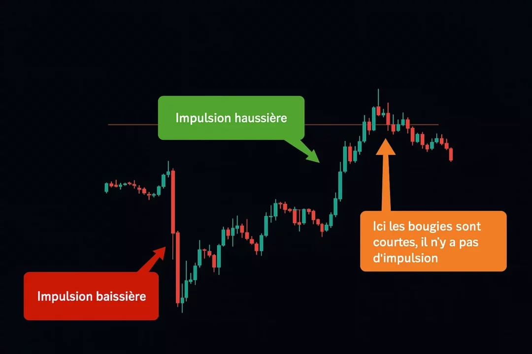 impulsion_scheme_fleche_soluce Graphique en chandeliers montrant une tendance haussière avec une ligne de résistance horizontale en trading