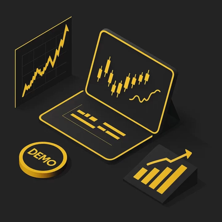 Illustration isométrique en 3D sur fond gris foncé représentant le thème des comptes démo en trading, avec un ordinateur affichant le mot “DÉMO”, des graphiques financiers et une interface utilisateur simplifiée en noir et jaune.