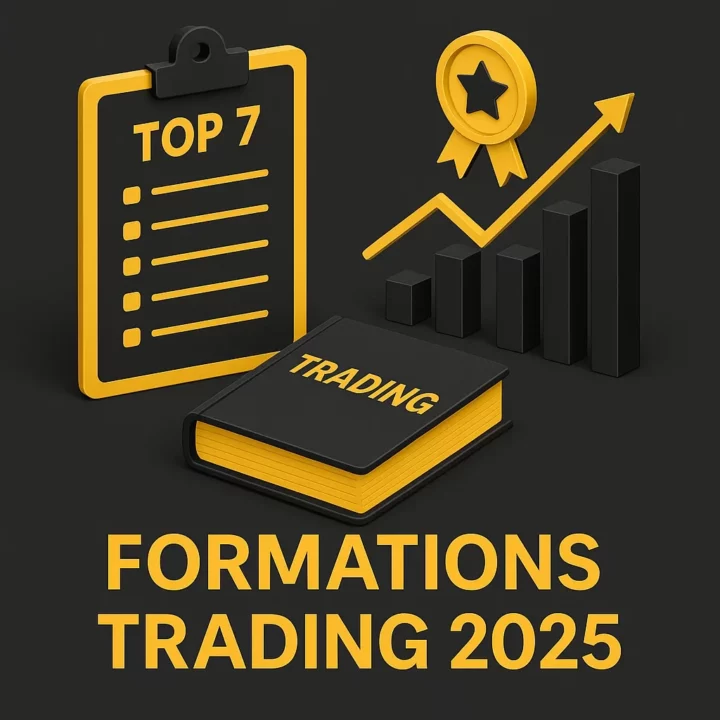 Illustration isométrique en 3D représentant un classement des 7 meilleures formations de trading en 2025, avec des éléments noirs et jaunes sur fond gris foncé, incluant un graphique ascendant, une médaille, un livre intitulé "TRADING" et une liste "TOP 7".