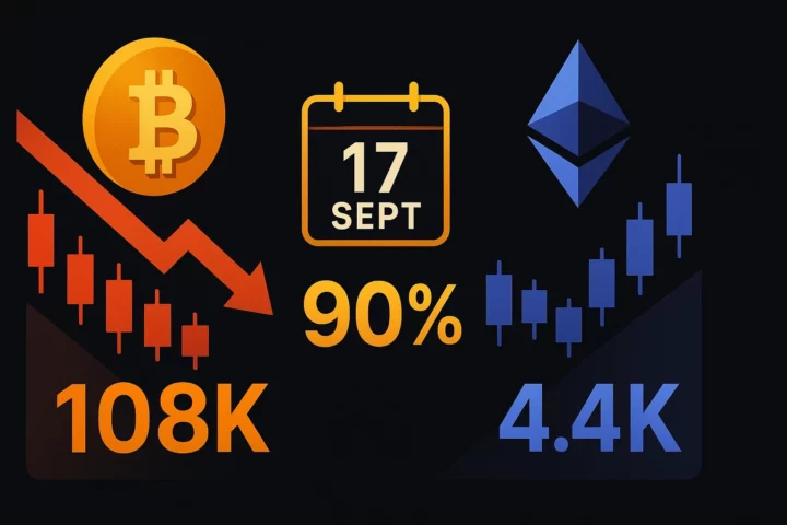 Infographie 3D isométrique montrant Bitcoin en chute à 108K avec flèche rouge descendante et chandelles rouges, Ethereum plus stable à 4,4K avec chandelles bleues, et au centre un calendrier « 17 SEPT » accompagné de « 90 % », sur fond noir avec accents dorés.