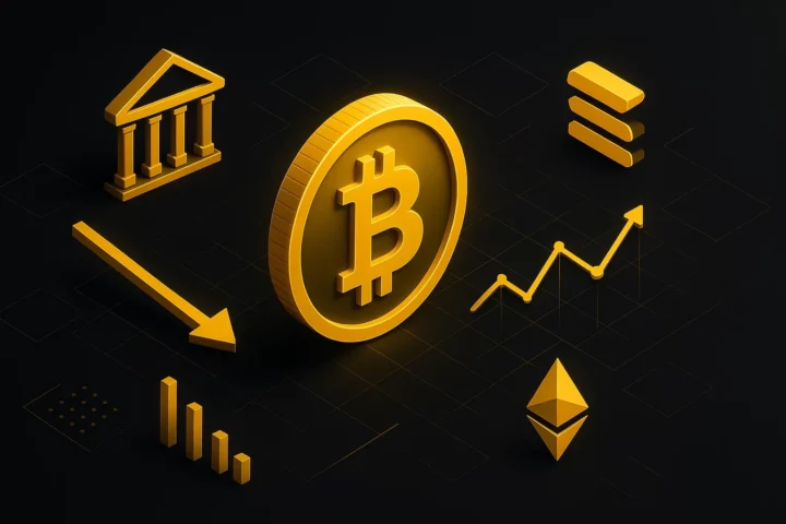 Illustration 3D isométrique d’un Bitcoin doré lumineux entouré d’icônes financières, Ethereum, Solana, graphiques et bâtiment de la Réserve fédérale sur fond noir.