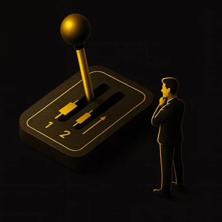 Illustration représentant un trader observant un levier de vitesse doré, métaphore visuelle de l’effet de levier en trading.