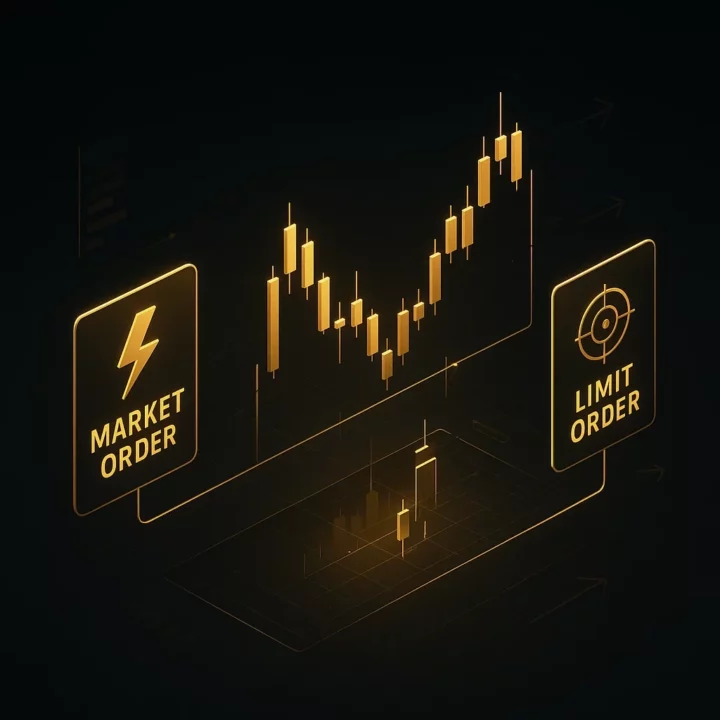 Illustration représentant un graphique de chandeliers avec deux panneaux holographiques : Market Order et Limit Order.