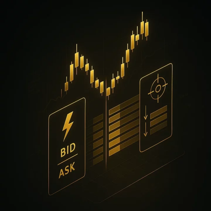 Illustration isométrique 3D en style fintech noir et or, représentant un carnet d’ordre avec colonnes de Bids et Asks reliées à un graphique de chandeliers dorés.