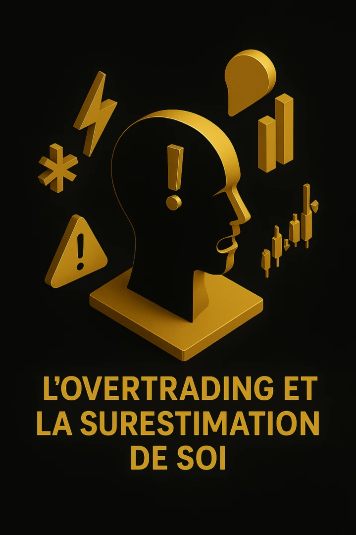 overtrading_newillus_AO Illustration 3D dorée représentant un buste humain stylisé avec un point d’exclamation sur le front, entouré d’icônes d’alerte et de graphiques boursiers, symbolisant les dangers de l’overtrading et de la surestimation de soi en trading.