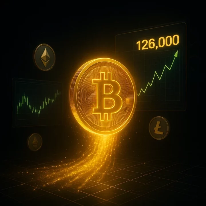 Illustration 3D isométrique représentant un Bitcoin doré flottant et lumineux atteignant un nouveau sommet historique à 126 000 $, entouré de graphiques holographiques haussiers, de jetons Ethereum et altcoins en arrière-plan, sur un fond noir futuriste avec des accents dorés et des flux de particules symbolisant les capitaux entrants.