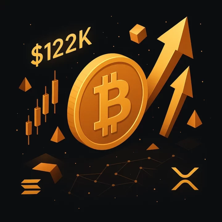 Illustration 3D isométrique d’une pièce Bitcoin dorée avec graphiques haussiers et flèches ascendantes sur fond noir, symbolisant la croissance du marché crypto et la technologie blockchain.