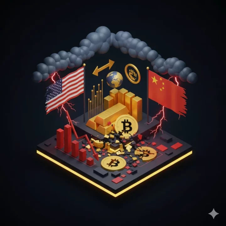 Illustration 3D isométrique sur un fond noir avec des accents jaune doré. L'image représente une scène de crise financière avec des éléments de fintech. Au centre, des Bitcoins sont brisés et des graphiques rouges sont en chute, symbolisant un crash. En arrière-plan, des lingots d'or sont en élévation. Des drapeaux des États-Unis et de la Chine, déchirés et flottants, sont positionnés de chaque côté, avec des symboles de guerre commerciale entre eux. Une atmosphère orageuse avec des nuages sombres, des éclairs rouges et un éclairage d'urgence accentue le sentiment de crise. La palette de couleurs dominante est le rouge profond, le jaune doré et le bleu-gris foncé.