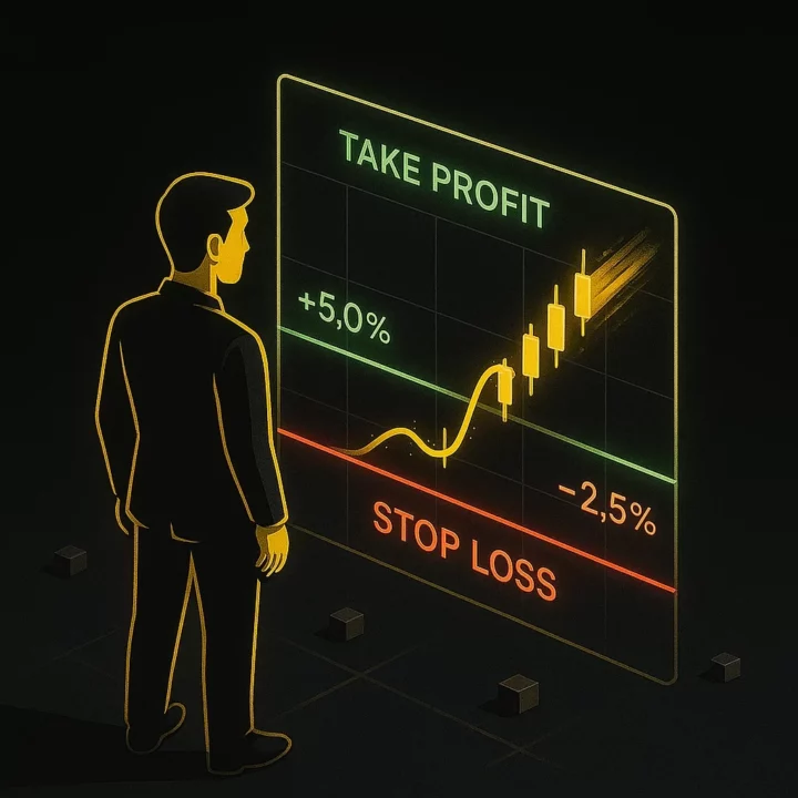 Illustration 3D isométrique montrant un trader face à un écran qui indique les niveau de Stop Loss et Take profit