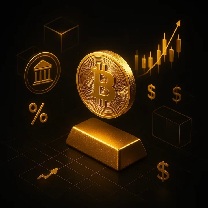 Illustration 3D isométrique fintech premium avec pièce Bitcoin dorée flottante, lingot d’or, icône Federal Reserve, graphiques financiers haussiers et symboles dollar, sur fond noir luxueux avec reflets dorés.