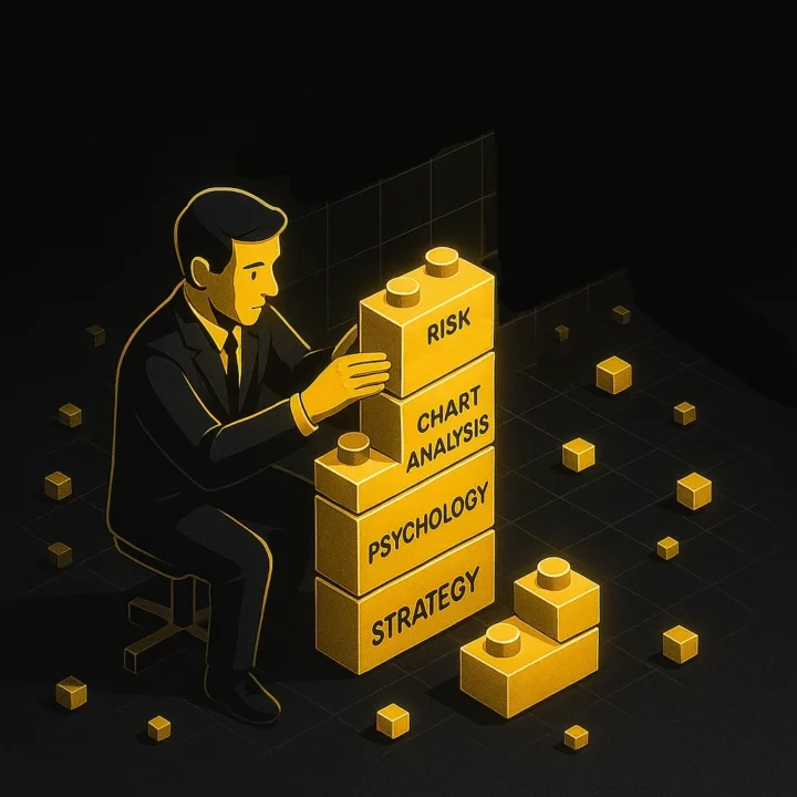 Illustration isométrique 3D en style fintech premium représentant un trader construisant les fondations de son apprentissage en demo trading.Illustration isométrique 3D en style fintech premium représentant un trader construisant les fondations de son apprentissage en demo trading. Les blocs dorés symbolisent les piliers essentiels du trading — Risk Management, Chart Analysis, Psychology et Strategy — tandis qu’un panneau holographique lumineux affiche le titre DEMO TRADING. Une composition moderne, élégante et pédagogique, idéale pour illustrer des articles ou formations sur le trading et l’apprentissage sans risque.