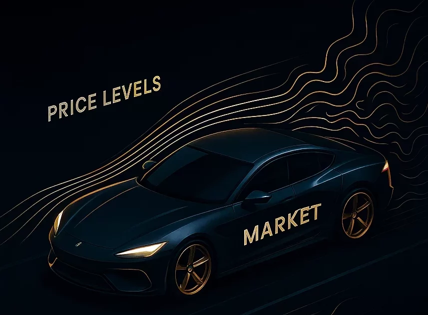efficience_marche Illustration isométrique 3D d’une voiture de sport noire et or, étiquetée "MARKET", roulant à grande vitesse sur une route sombre. Des lignes fluides dorées représentent les “price levels” glissant sur l’avant du véhicule, tandis que des turbulences apparaissent à l’arrière, symbolisant les inefficiences du marché. Style visuel futuriste et épuré, ambiance fintech.