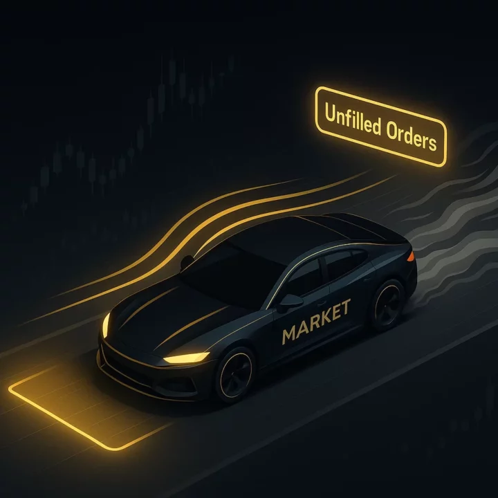 Illustration isométrique 3D d’une voiture de sport noire et or, marquée "MARKET" - métaphore de l'efficience de marché