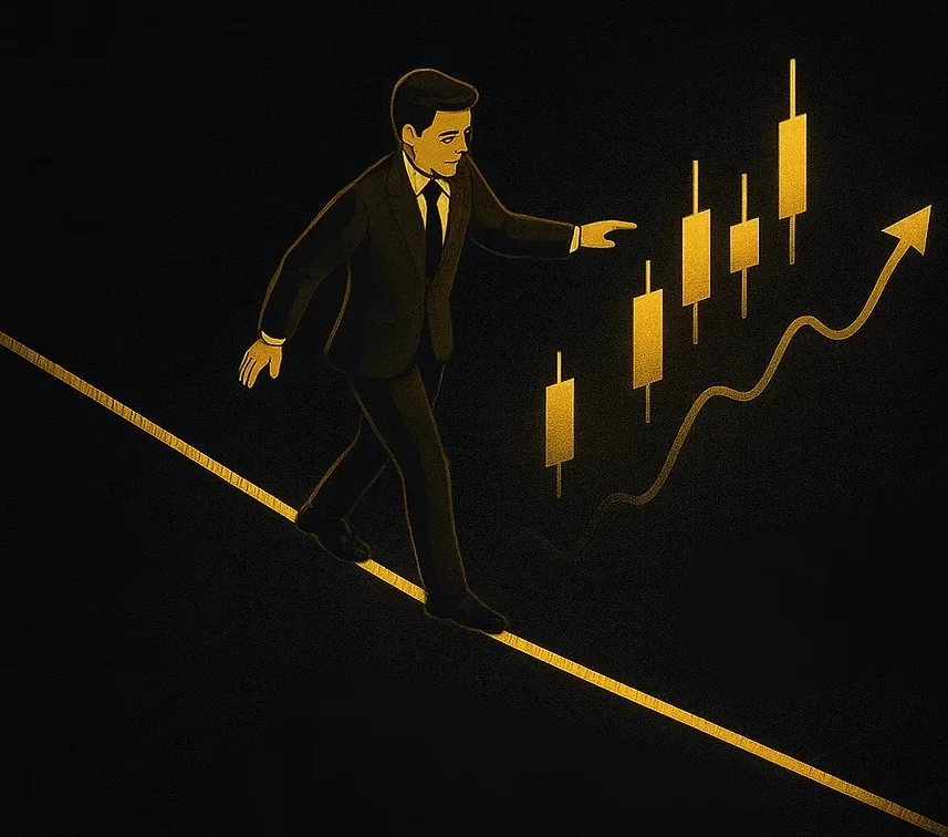 equilibre_newillusAO Illustration 3D minimaliste d’un trader marchant sur une corde dorée, métaphore visuelle de la prise de risque et de l’équilibre en trading financier.