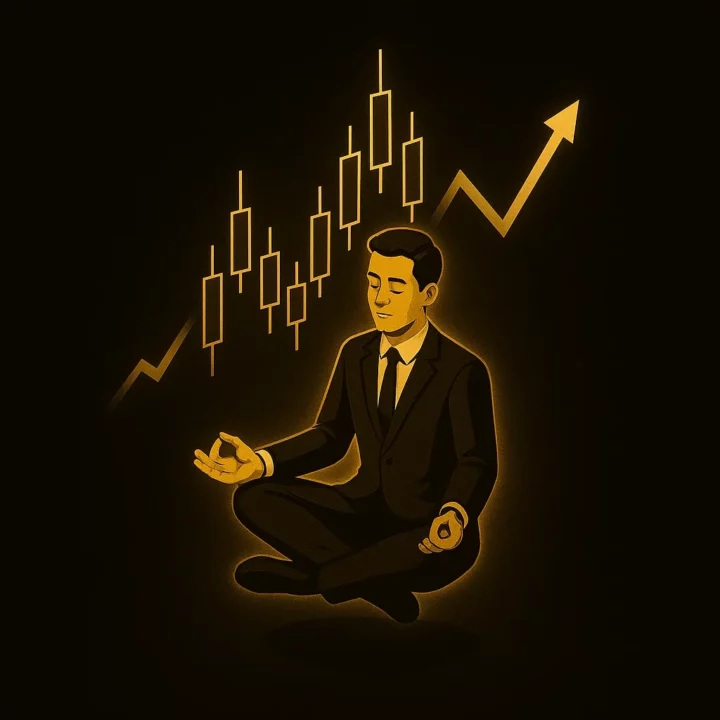 Illustration premium d’un trader lévitant en lotus devant un graphique boursier doré, symbolisant calme, stratégie et maîtrise du risque financier.
