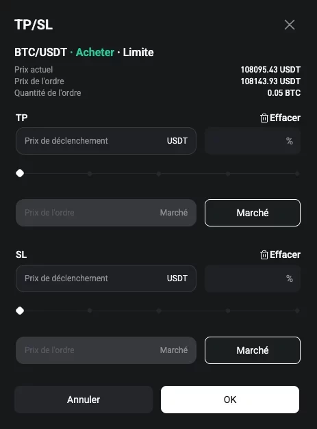 interface_TPSL Interface de plateforme de trading indiquant les champs TP Take profit et SL stpo loss à renseigner