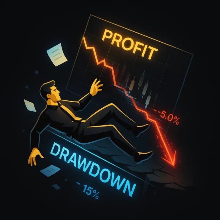 Illustration d’un trader en costume noir chutant en arrière, symbolisant une perte sur les marchés financiers, avec un graphique rouge en chute libre affichant “PROFIT -5%” et “DRAWDOWN -15%”, sur fond noir et doré.