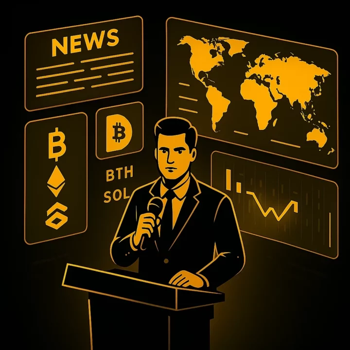 Illustration isométrique représentant un trader analysant des tableaux financiers holographiques avec l’inscription “Fundamental Analysis”, des graphiques lumineux et une esthétique fintech