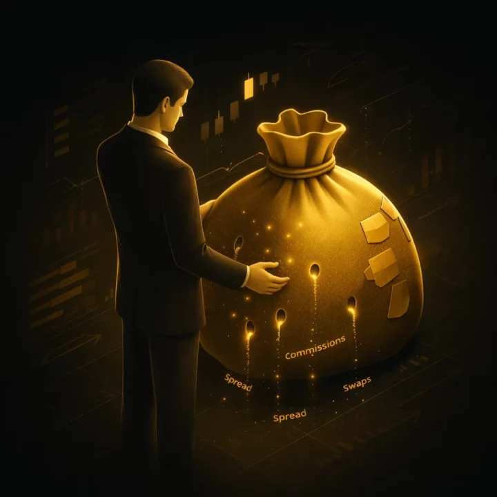 Illustration montrant un trader observant un sac doré représentant le capital de trading, avec des pertes liées au spread, aux commissions et aux swaps.